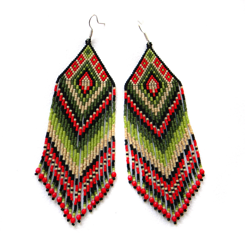 Яркие серьги из бисера Large colorful seed bead earrings - red and green - beaded jewelry - long dangle earrings