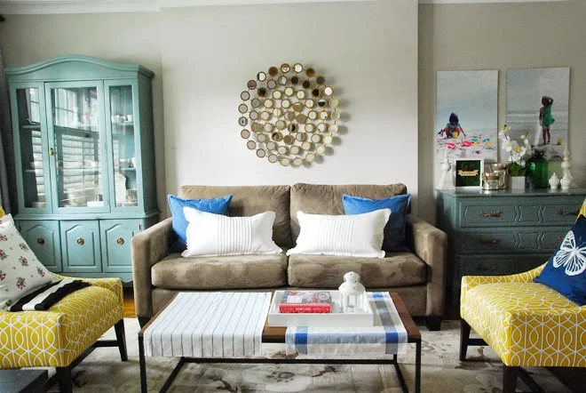 brown sofa living room ikea pillow blanket yellow blue