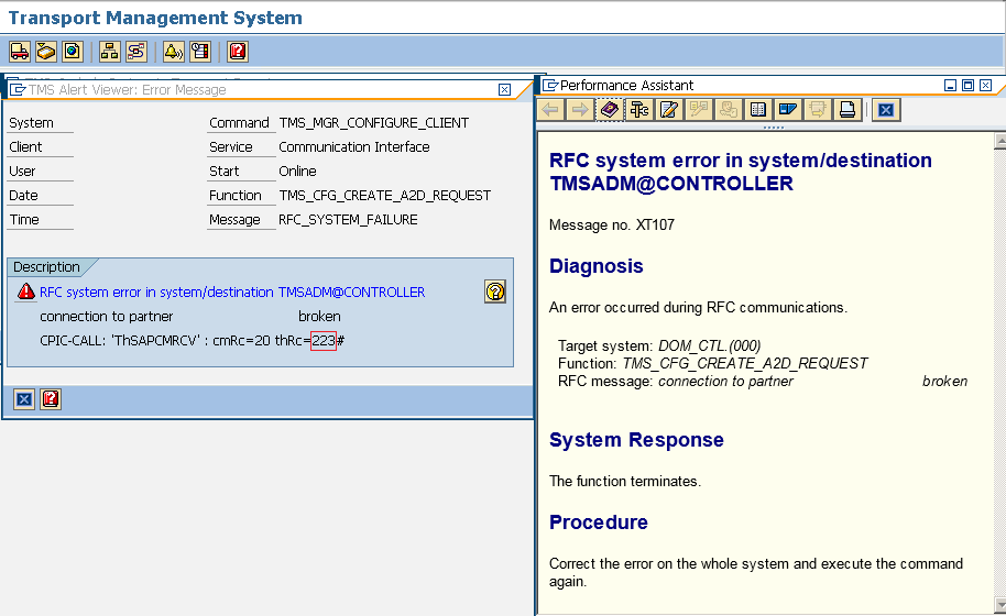 SAP BASIS Crew RFC error in STMS with 223