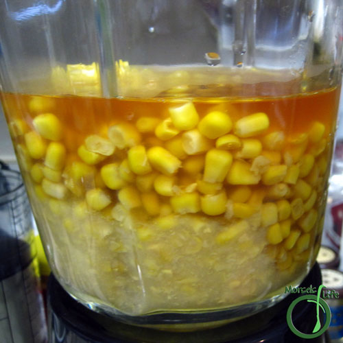 Morsels of Life - Mexican Corn Soup Step 2 - Puree stock, creamed corn, and 2.5 cups corn kernels until smooth.