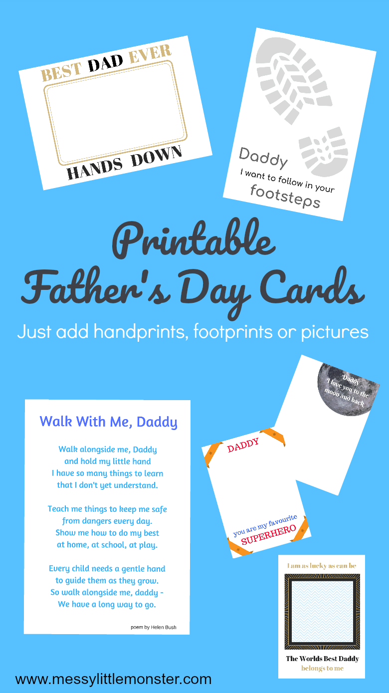 Download your set of printable Father's Day cards. An easy Fathers day craft for babies, toddlers and preschoolers with Father's day poems and sayings.  Just add handprints, footprints or kids drawings.