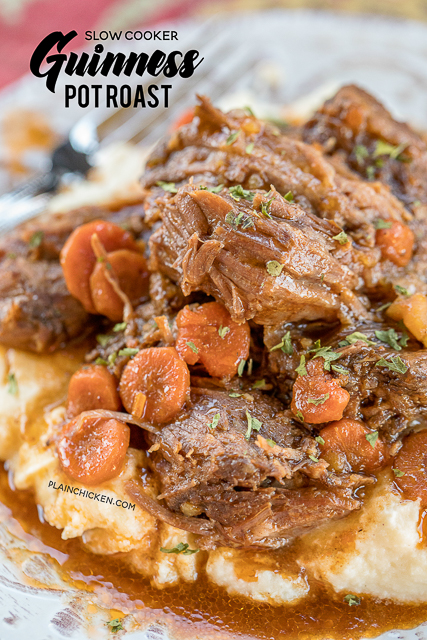 Slow Cooker Guinness Pot Roast - the BEST pot roast EVER! Pot roast, gravy mix, Italian dressing mix, tomato paste, carrots and potatoes. Put everything in the slow cooker and let it cook all day. Serve over mashed potatoes, grits or rice. PERFECT for St. Patrick's Day!! #slowcooker #stpatricksday #potroast Slow Cooker Guinness Pot Roast - the BEST pot roast EVER! Pot roast, gravy mix, Italian dressing mix, tomato paste, carrots and potatoes. Put everything in the slow cooker and let it cook all day. Serve over mashed potatoes, grits or rice. PERFECT for St. Patrick's Day!! #slowcooker #stpatricksday #potroast