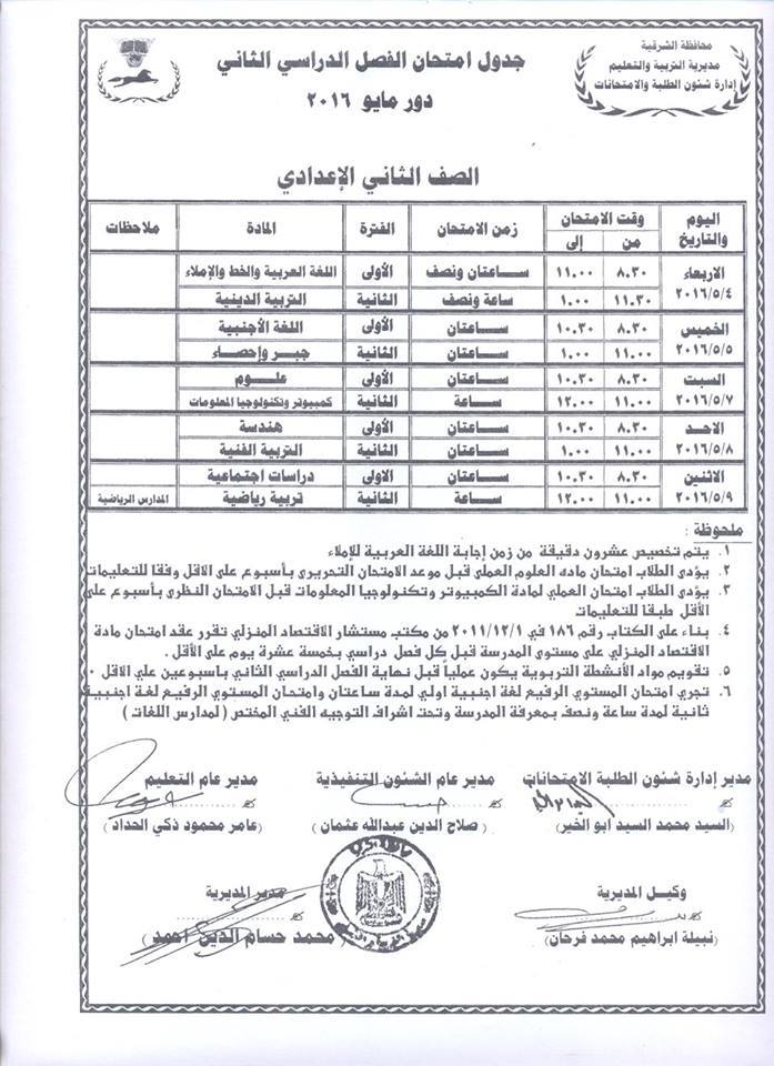 جداول امتحانات محافظة الشرقية الترم الثاني 2016 بعد التعديل 2%25D8%25B9