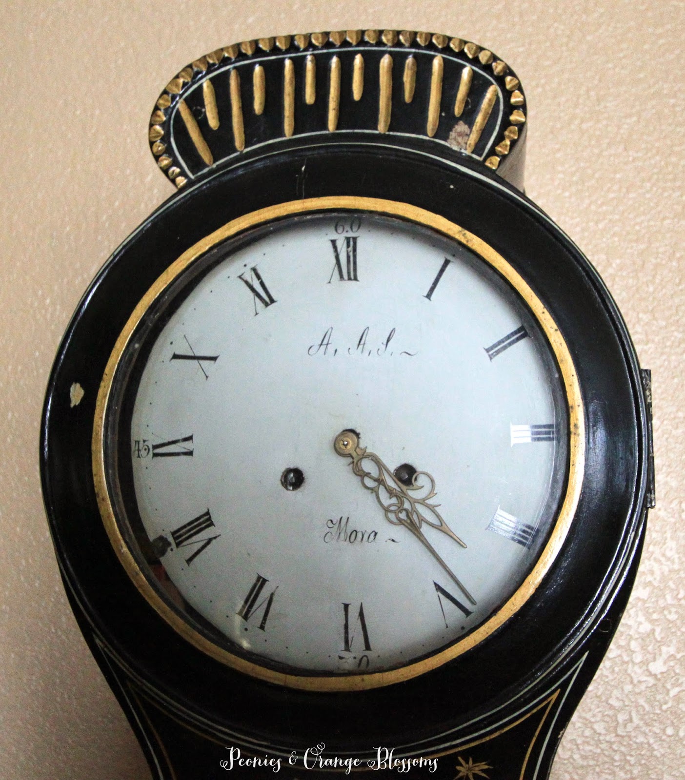 Chinoiserie Black Antique Mora Clock at Peonies & Orange Blossoms