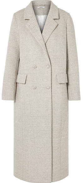 GANNI - Woodside Crystal-embellished Checked Wool-blend Coat - Light gray