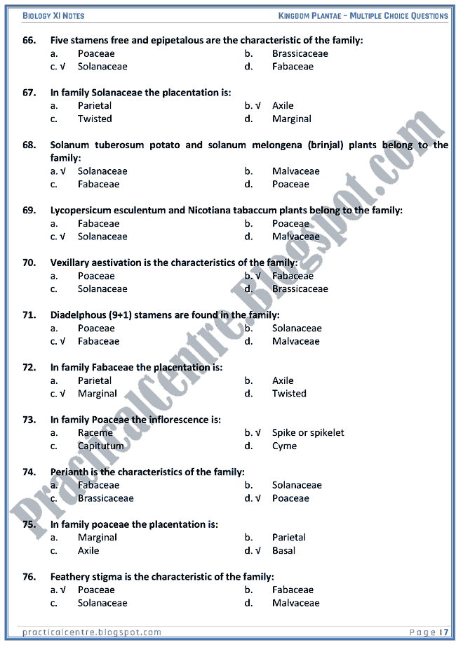 Kingdom Plantae - Multiple Choice Questions (MCQs) - Biology XI