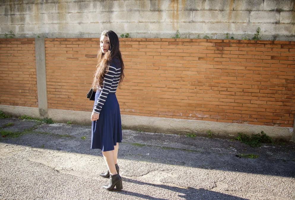 total blue, midi skirt, street fashion 2015, blue and black, francesca navarro, fashion blogger, river island boots