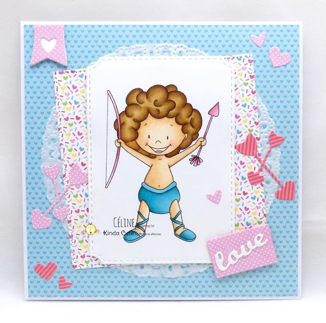 Blue and pink handmade Valentine's Day card with a cute Cupid 