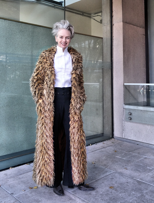 Mel Kobayashi, fashion blogger, in a muppet coat