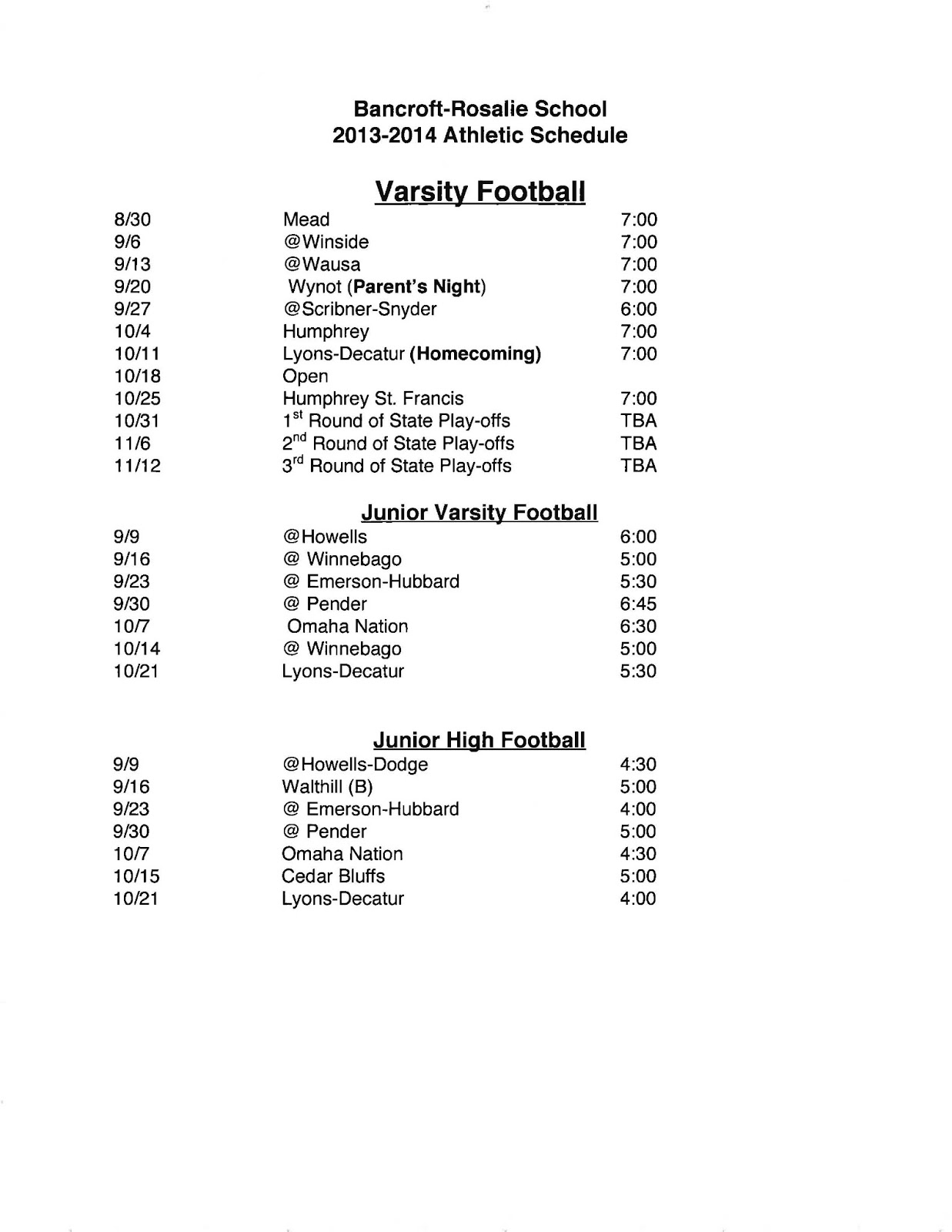 Dr. Cerny's BR Hype BancroftRosalie Fall Sports Schedules