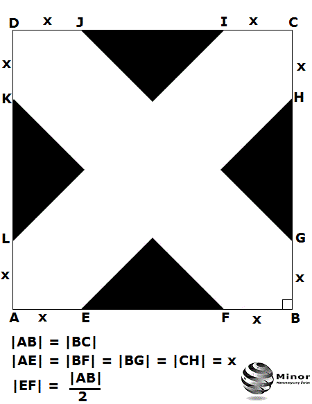 Wyznacz pole obszaru zaznaczonego kolorem białym w kwadracie ABCD.