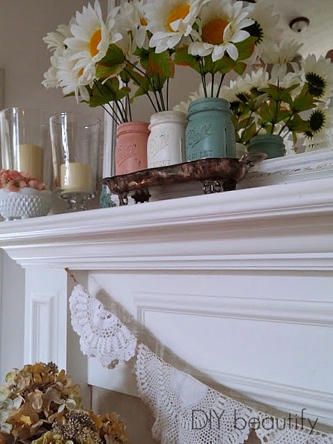 Spring Mantle with Doily Bunting and Painted Mason Jars www.diybeautify.com
