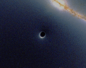 Animated simulation of gravitational lensing caused by a black hole going past a background galaxy. ... The maximum amplification occurs when the background galaxy ... is exactly behind the black hole. (Wikipedia 14 July 2016). Copyright CC-BY-SA-3.0 or CC BY-SA 2.5-2.0-1.0 via Wikimedia Commons
