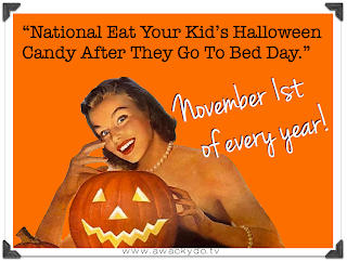 November 1st of every year is National Eat Your Children's Halloween Candy Day, vintage lady and jack-o-lantern pumpkin, candy