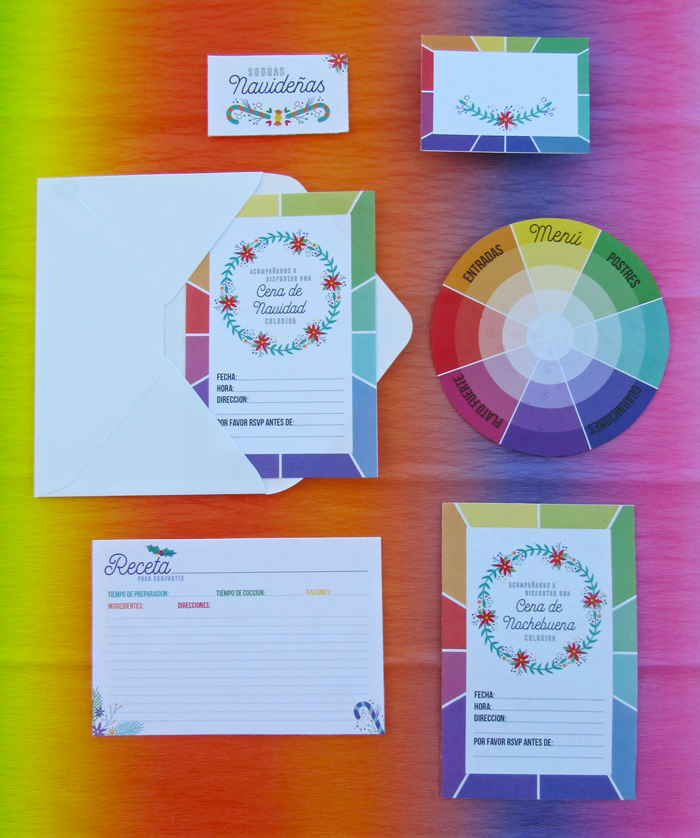 Gratis: Kit de Papelería Imprimible Para Cena de Nochebuena/Navidad Colorida - La Lilú Kit imprimible de cena de Nochebuena, Navidad, descarga gratuita, rueda de colores, círculo cromático, mesa, fiestas, decoración
