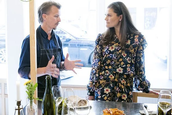 Crown Princess Victoria wore Gestuz Fally Multi-Color Day Dress, and Saint Laurent Sandals, and she carried By Malene Birger Dipple Clutch