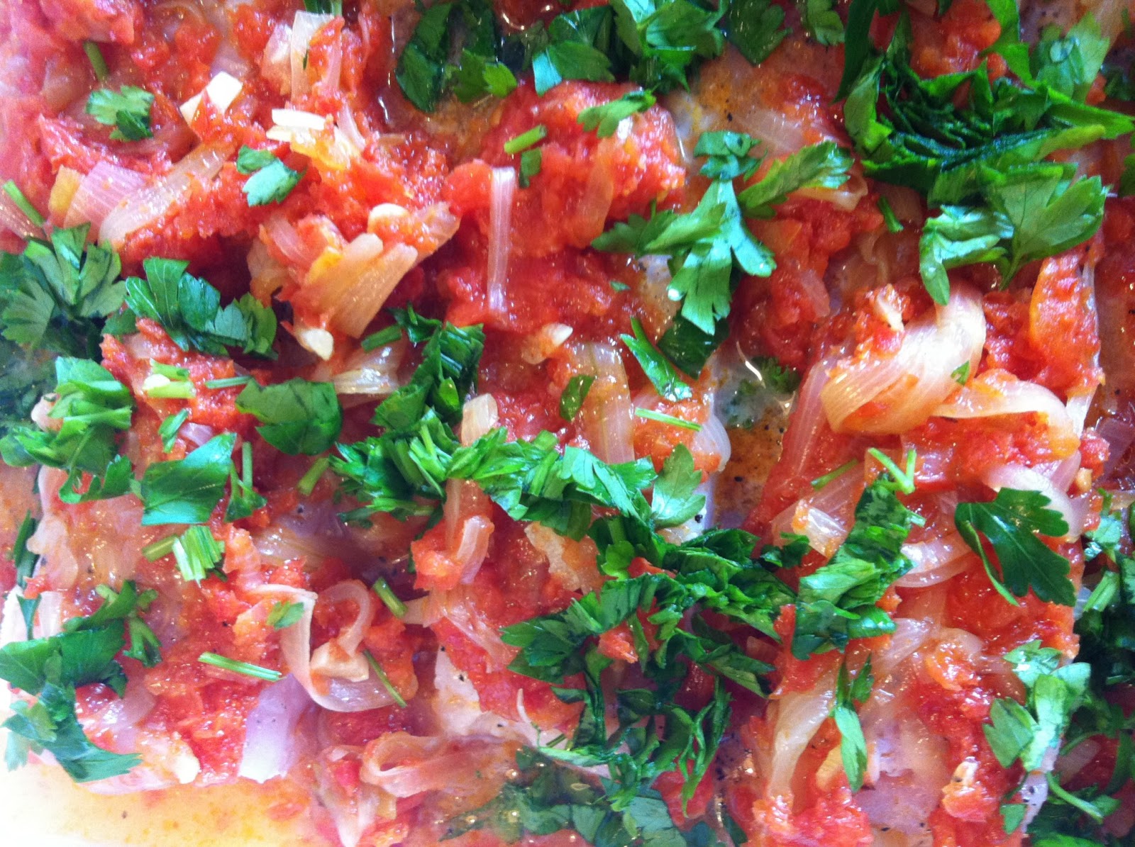 lydie's kitchen Baked Fish with Tomatoes and Onions