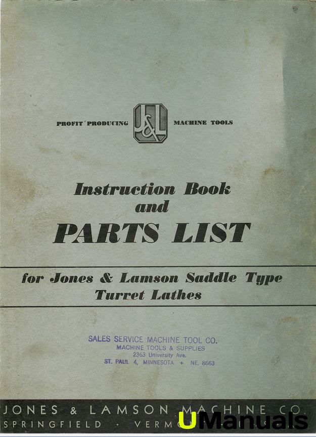 Machinery Manuals Jones & Lamson Saddle Type Turret Lathe Instruction