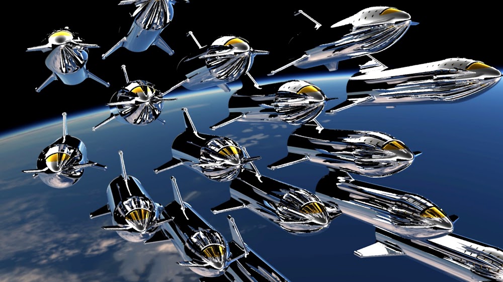 SpaceX stainless steel Starship fleet orbiting Earth by Reese Wilson