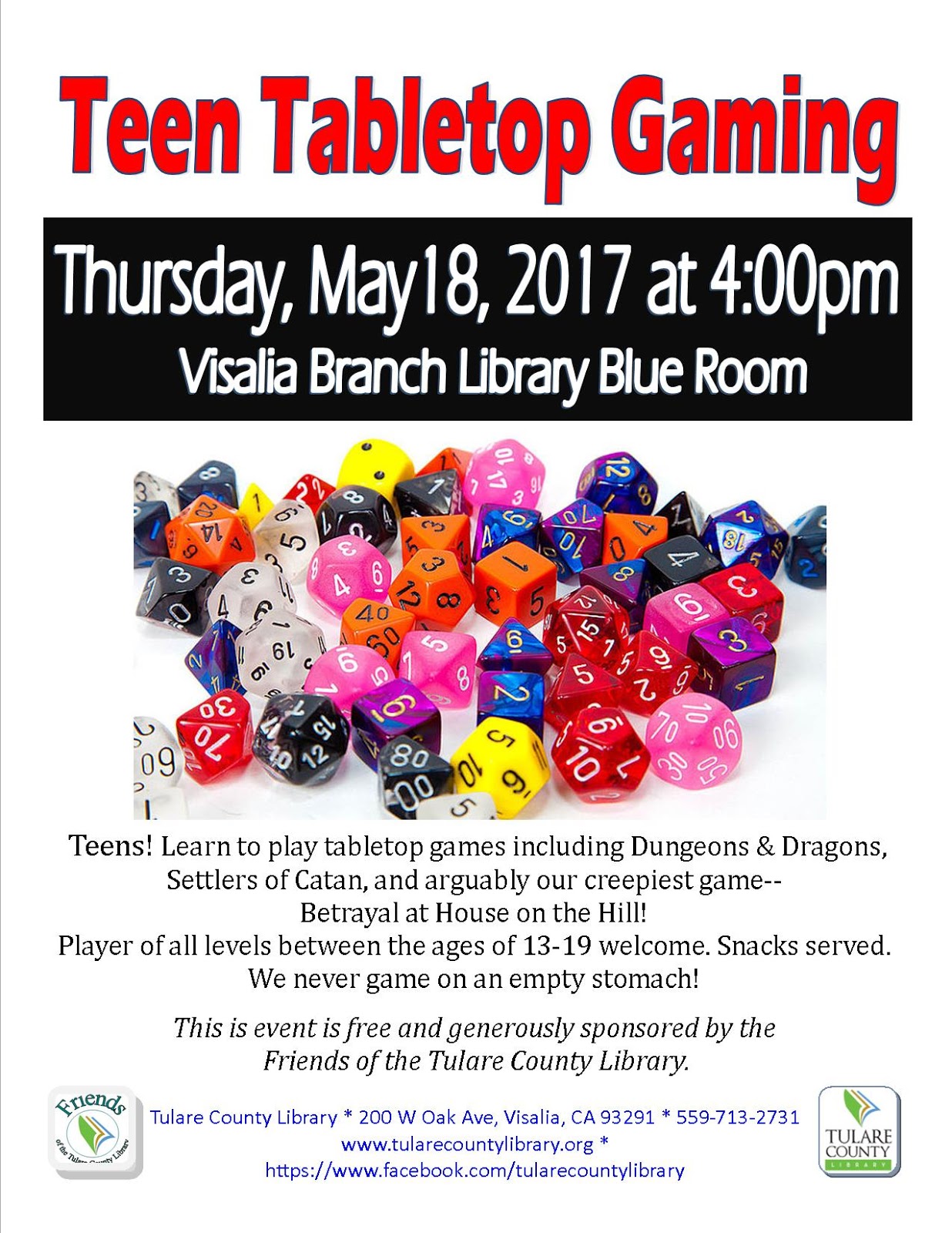 Tulare County Library News and Events Teen Tabletop Gaming, Wed 5/17 4 pm, Visalia Library