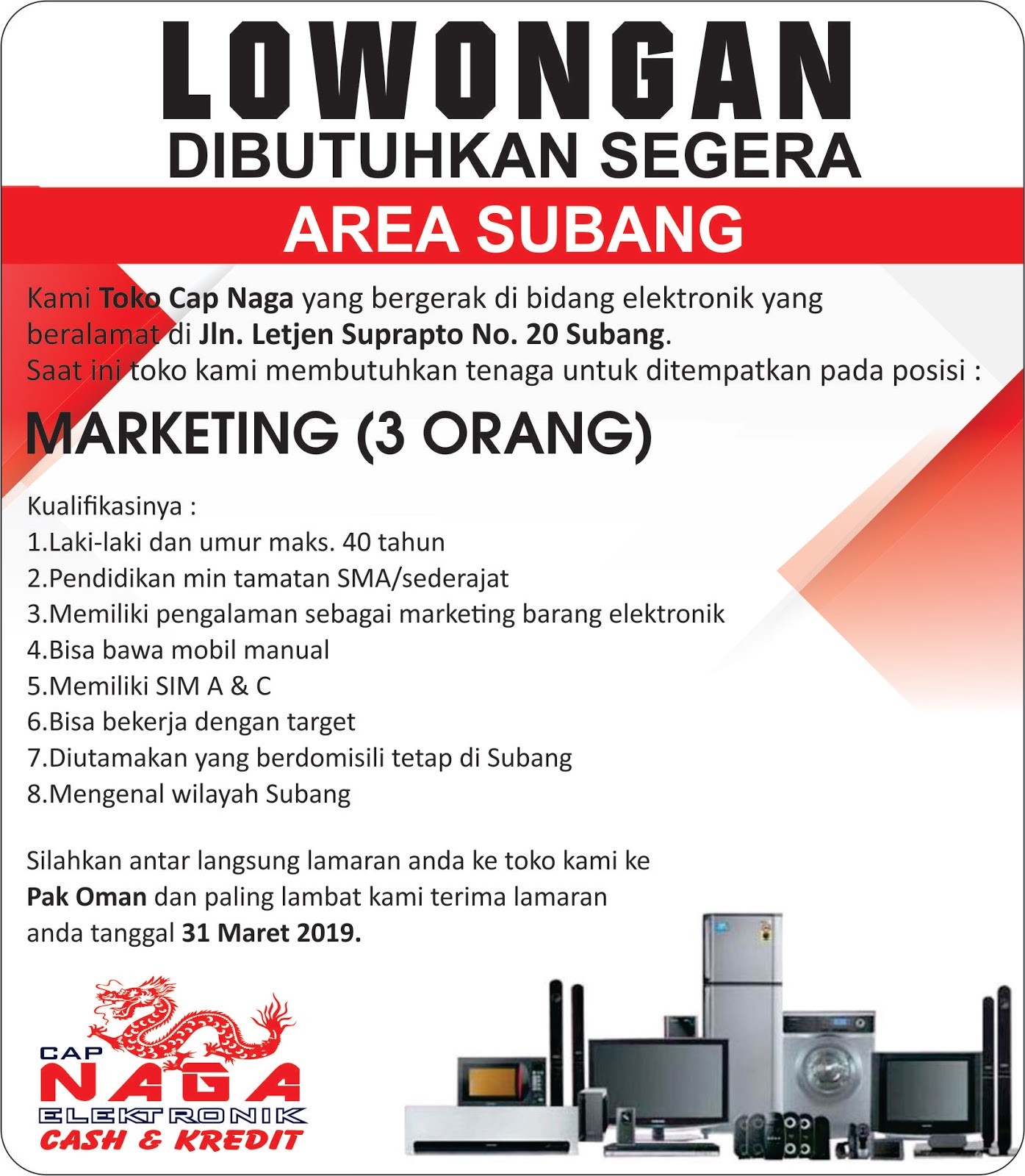 Info Loker Toko Cap Naga Marketing Subang Motekar Subang
