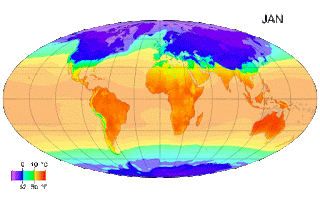 1961 ile 1999 yılları arasındaki aylık ortalama yüzey sıcaklıkları animasyonu. Bu örnek, iklim çeşitlerinin mevsimlere ve yerlere göre nasıl şekil aldığını gösterir.