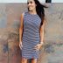 Vestido Midi Listrado (Listras Finas - Estreitas) AZUL & BRANCO | Fendas Laterais