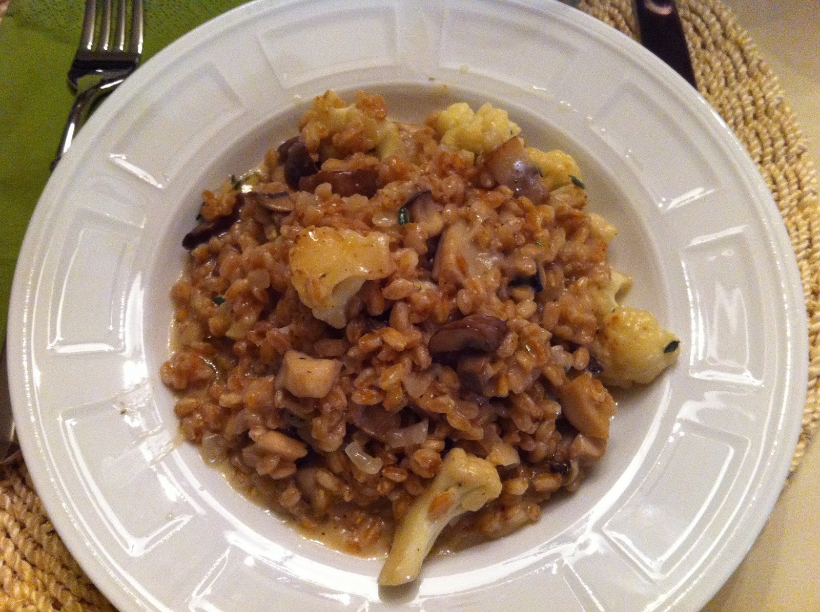 The Sustainable Palate Farro Risotto with Cauliflower, Mushrooms, and Truffle