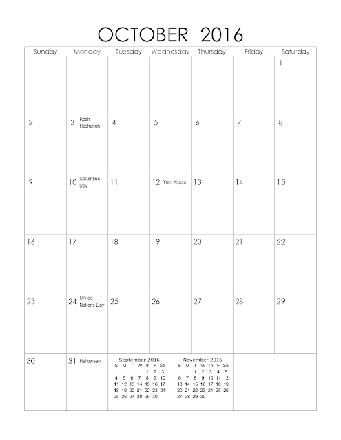 October 2016 Printable Calendar Portrait, October 2016 Blank Calendar, October 2016 Planner Cute, October 2016 Calendar Download Free