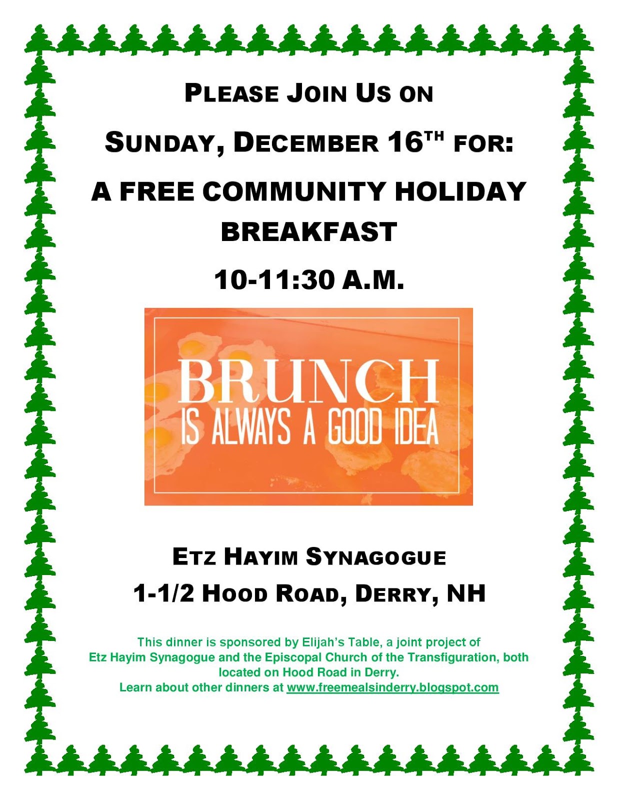 Free Meals in Derry, NH Please join us for a YUMMY breakfast on 12/16.