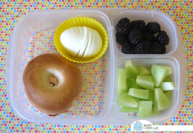 BentoLunch.net - Make Ahead Bento Lunches, Day 3, Breakfast for Lunch with Boiled Egg, Bagel and Fruits