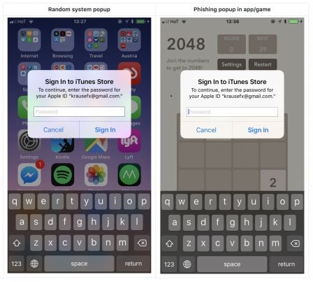 Felix Krause explains that it suffices to press the Home button if such a window appears, if the app closes and with it the dialogue window, then it was an attempt to steal password. If the dialog window remains displayed, then it is an iOS system alert. To avoid any danger, it is also possible to close the dialogue window by pressing "cancel" and go to the settings of iOS to enter his password. Felix Krause warned Apple and suggested several fixes, such as adding a visual element to indicate whether or not it is an iOS system alert. Source Felix Krause explains that it suffices to press the Home button if such a window appears, if the app closes and with it the dialogue window, then it was an attempt to steal password. If the dialog window remains displayed, then it is an iOS system alert. To avoid any danger, it is also possible to close the dialogue window by pressing "cancel" and go to the settings of iOS to enter his password. Felix Krause warned Apple and suggested several fixes, such as adding a visual element to indicate whether or not it is an iOS system alert. Source