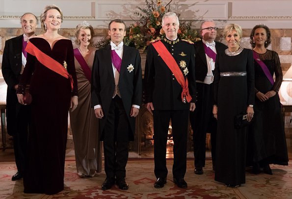 Queen Mathilde, President Emmanuel Macron, Brigitte Macron, Princess Astrid and Princess Claire diamond tiara, wore Armani dress