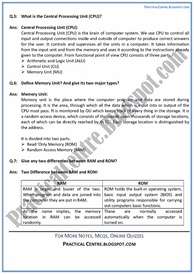 Computer Components Short Questions Answers Computer IX Practical