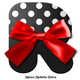 Abecedario Negro con Puntos Blancos y Moño Rojo. Black Alphabet with Polka Dots and Red Lace.