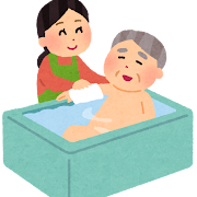 お風呂で入浴介護をする女性のイラスト