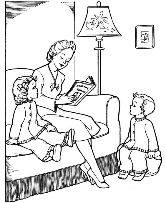 Tranh tô màu mẹ đọc sách cho bé buổi tối