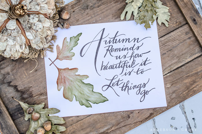 Fall printable with watercolor leaf on wood board