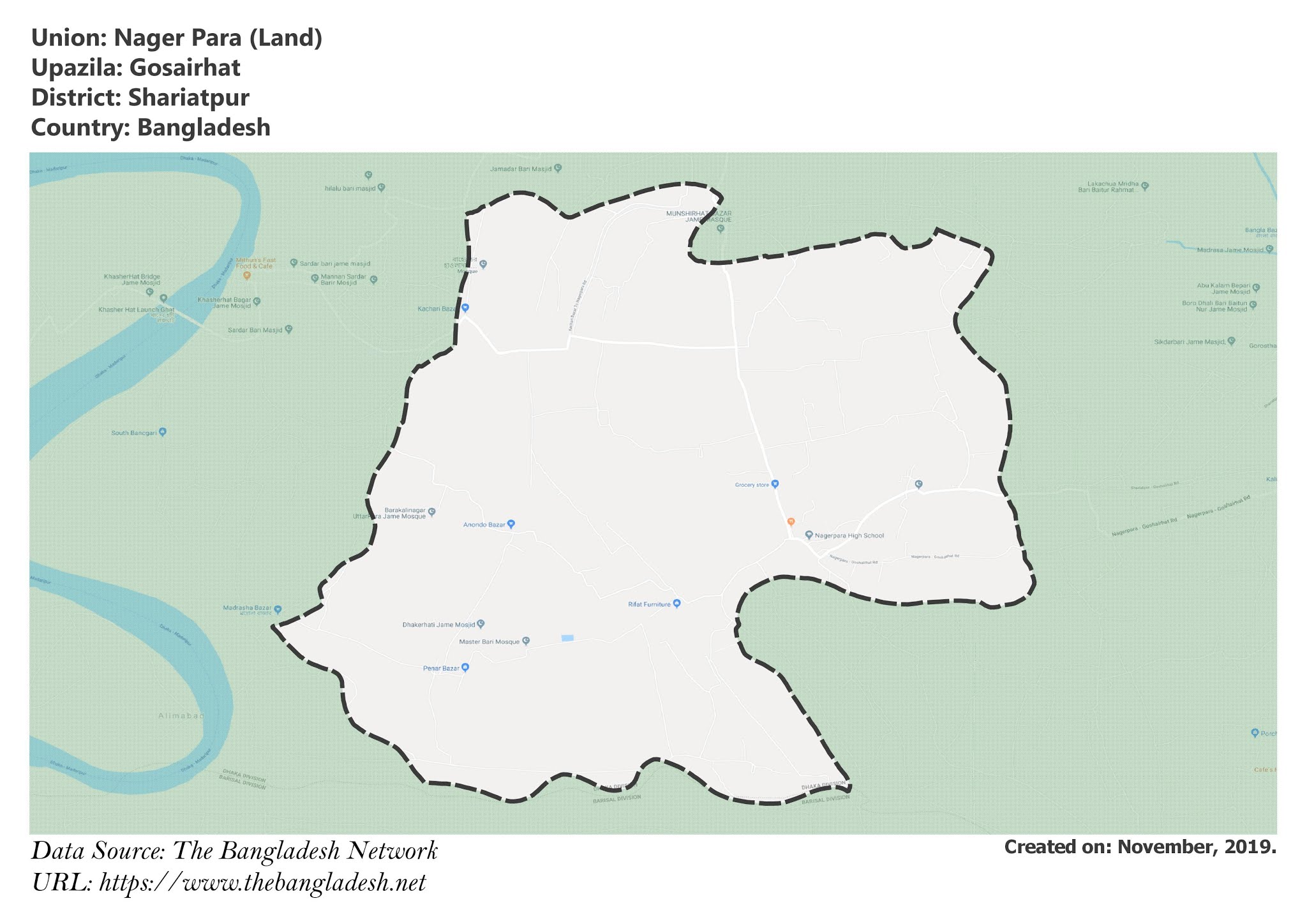Map of Nager Para of Shariatpur, Bangladesh.