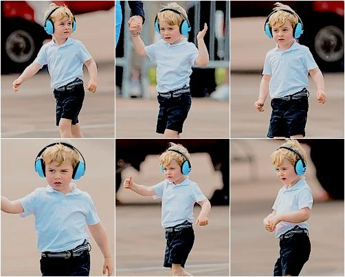 Prince George, Kate Middleton, Duchess Catherine at RAF Fairford. Prince George wore Trotter Nantucket Hampton Canvas shoes, Mayoral Boys Blue Shorts