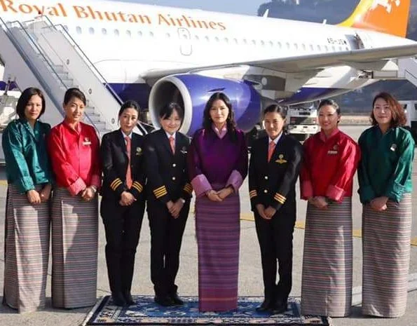 female Captain, Ugyen Dema, Sr. First Officer, Sonam Lhamo, and the country’s first female licensed flight engineer, Sonam Deki Tshering