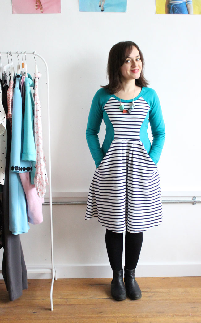 Tilly's teal and stripe ponte Zadie dress - sewing pattern by Tilly and the Buttons