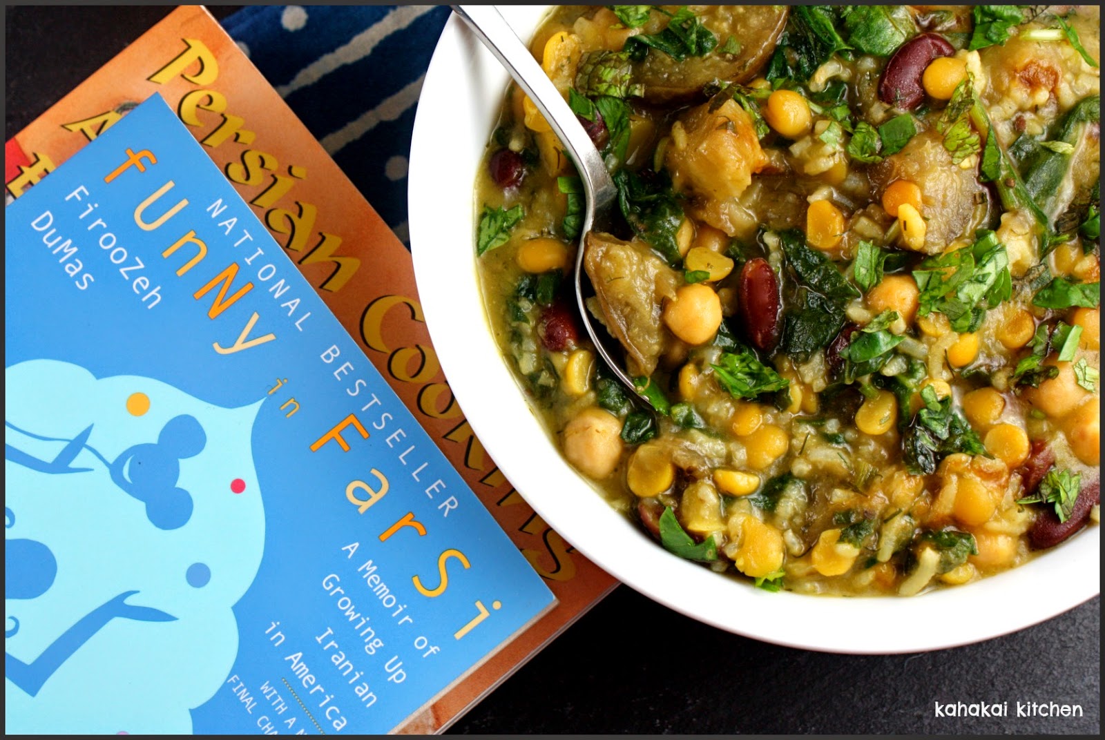Kahakai Kitchen PersianInspired Chickpea & Herb Soup with Eggplant for Cook The Books April