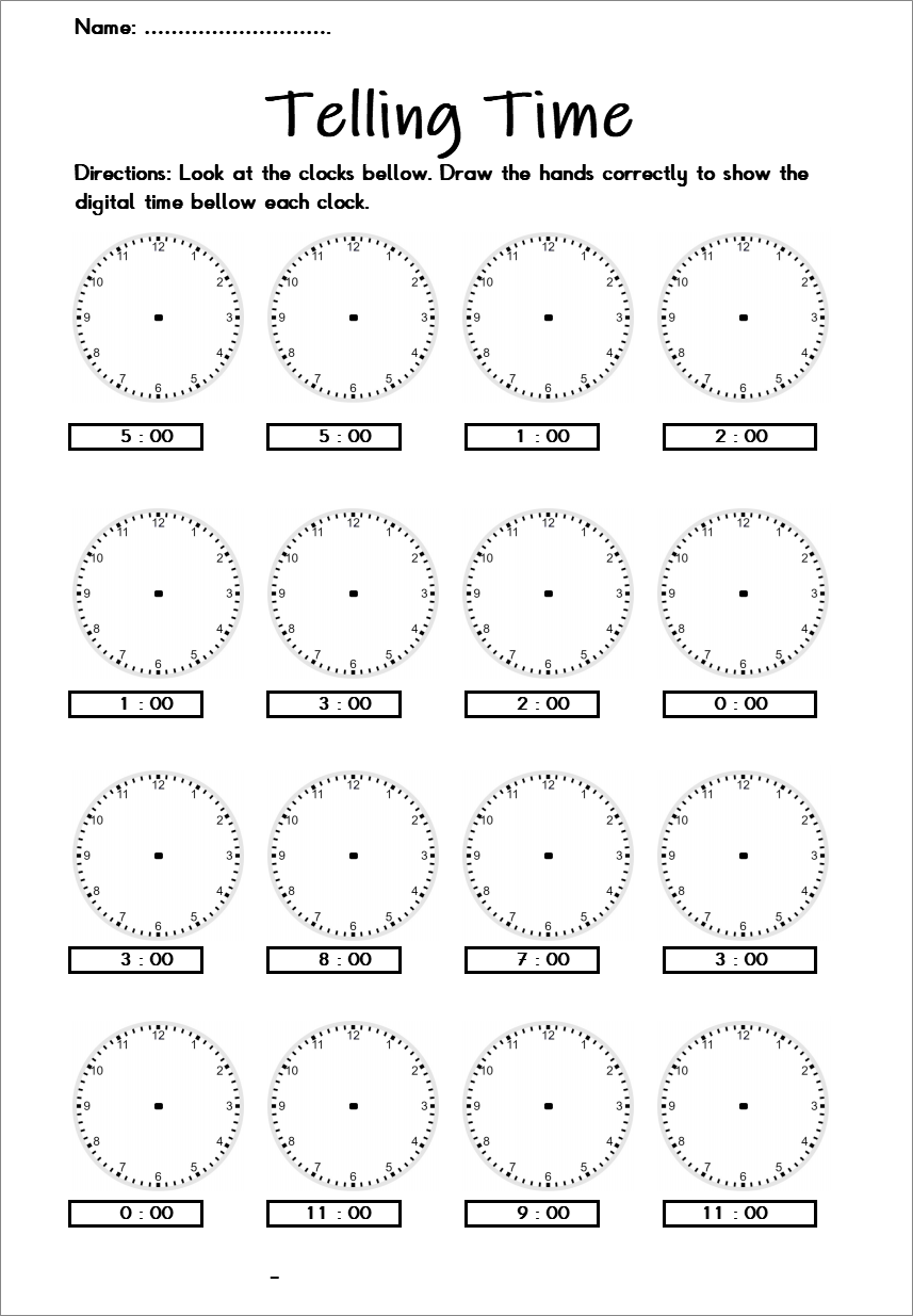 Telling Time Worksheet Draw the Hands Clock