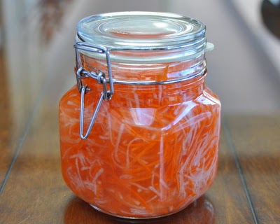 Carrot & Daikon Refrigerator Pickles, traditional with a Vietnamese bahn mi sandwich or you know, just on the side of a sandwich on to top off a salad.