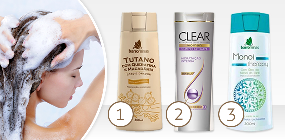 1 - Shampoo Barro Minas Tutano Com Queratina 300ml 2 - Shampoo Clear Hidratação Intensa 400ml 3 - Shampoo Barro Minas Monoi Theraphy Cacheados 300ml