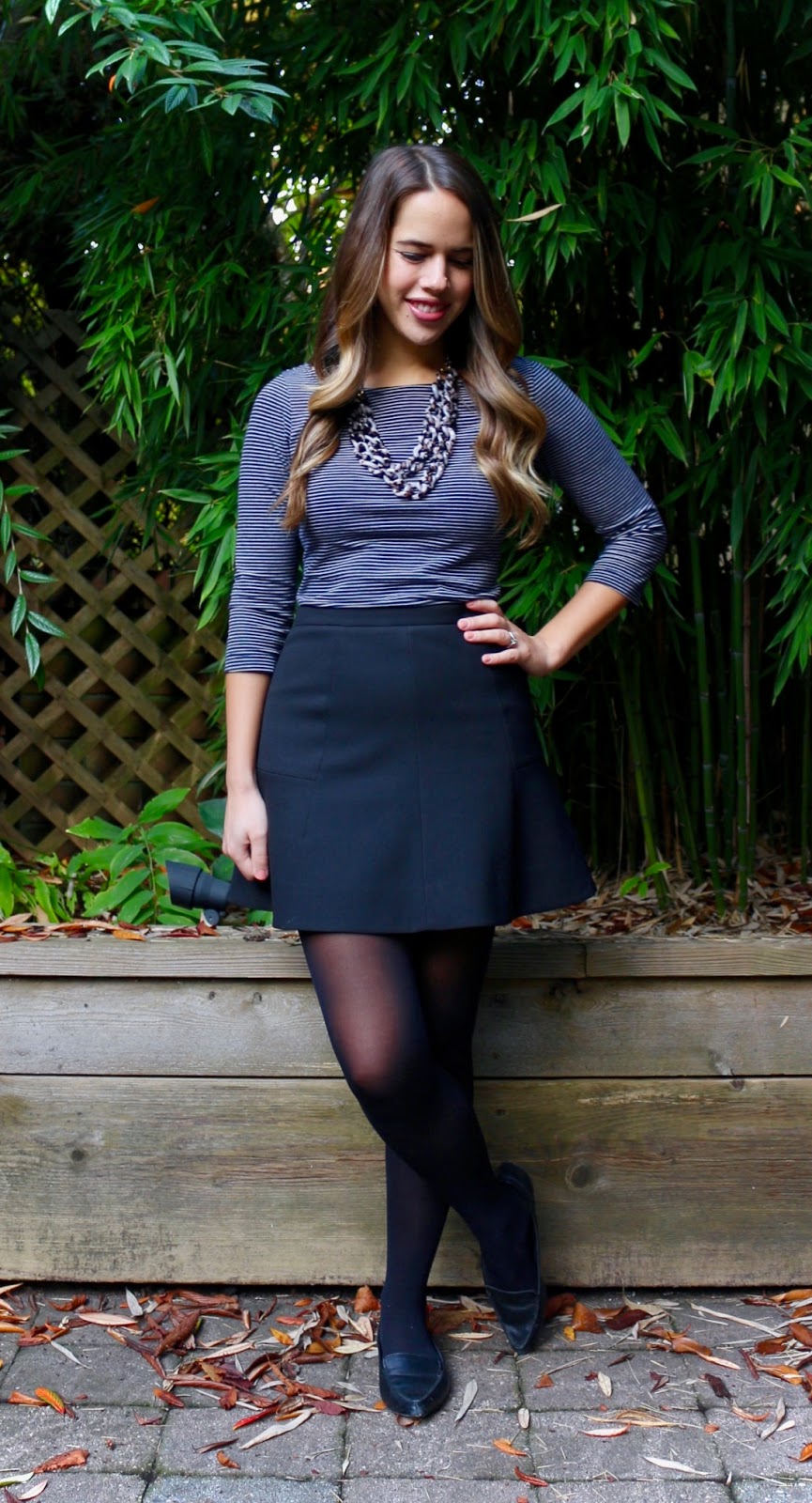 Jules in Flats - Striped Top with Black Skater Skirt (Business Casual Fall Workwear on a Budget) 