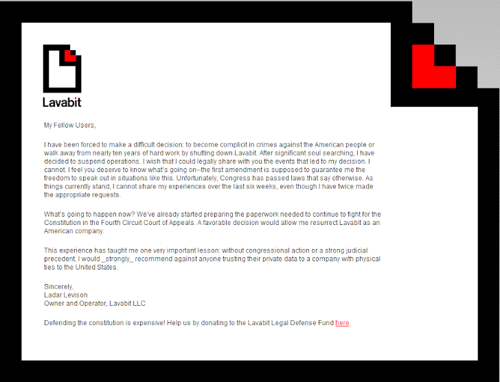 Encrypted Email Service 'Lavabit' abruptly shut down under U.S. Government Pressure