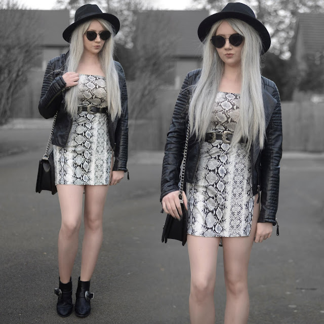 Sammi Jackson - Primark Fedora / Zaful Sunglasses / Shein Biker Jacket / Femme Luxe Snake Print Dress / ASOS Double Buckled Belt / OASAP Quilted Flap Bag / Misguided Buckled Boots