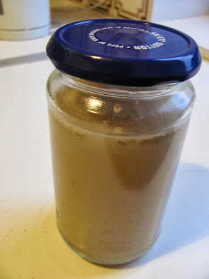 Yeast is rehydrated in a mayonnaise jar